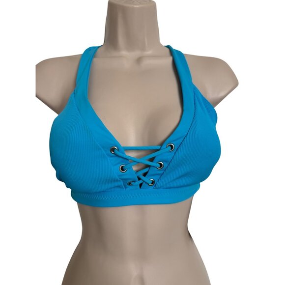 Becca Swimsuit Top Lace up Blue D - Cup NWT Adjustable Padded $78 - Picture 1 of 8